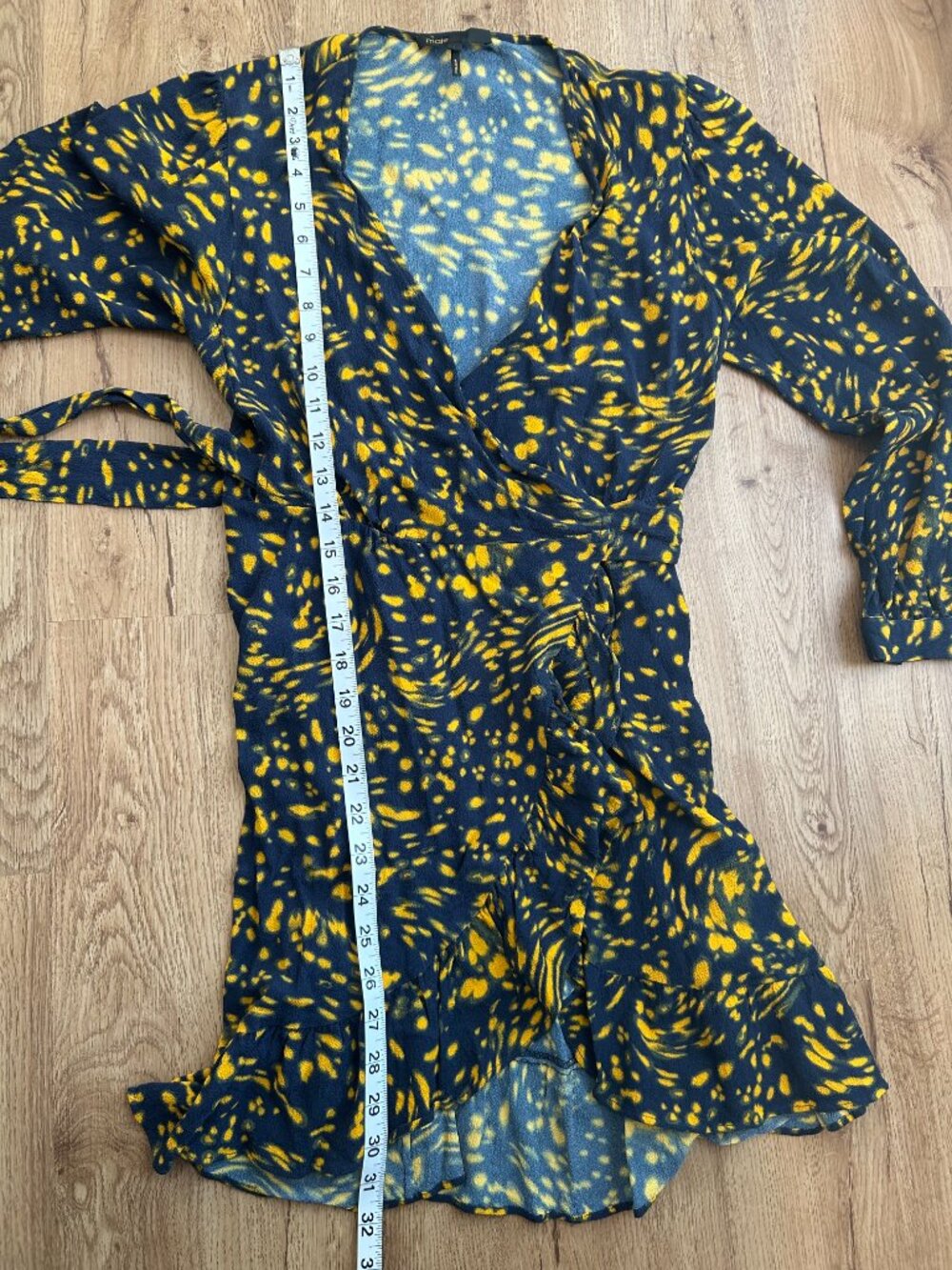 Maje Rosetta Swirling Dot Wrap Dress Ruffle Mini Navy Yellow Size 1 - Picture 10 of 12